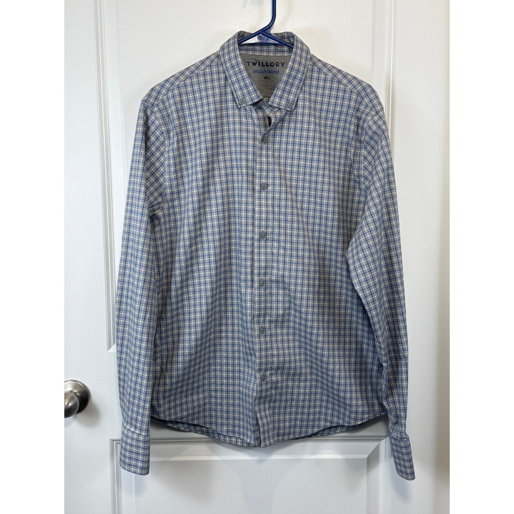 Twillory untuck(able) Mens Blue Grey Plaid Performance Shirt M L Coolmax Stretch